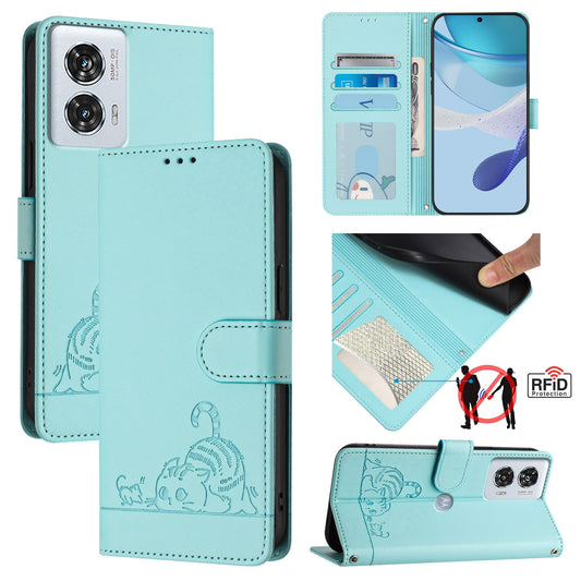 Motorola Edge 50 Fusion Cat & Rat Embossed RFID Leather Case, Lanyard, Wallet, Card Slots, Kickstand, Anti-Fall, Scratch-Resistant