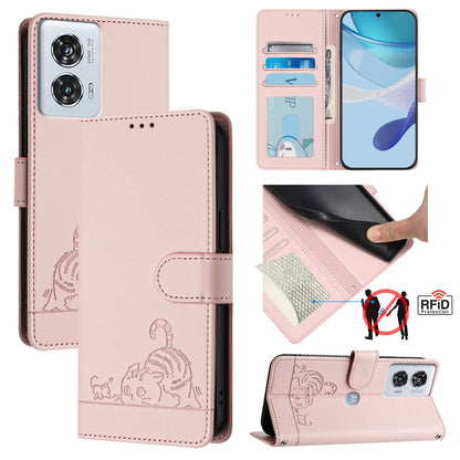 Motorola Edge 50 Fusion Cat & Rat Embossed RFID Leather Case, Lanyard, Wallet, Card Slots, Kickstand, Anti-Fall, Scratch-Resistant