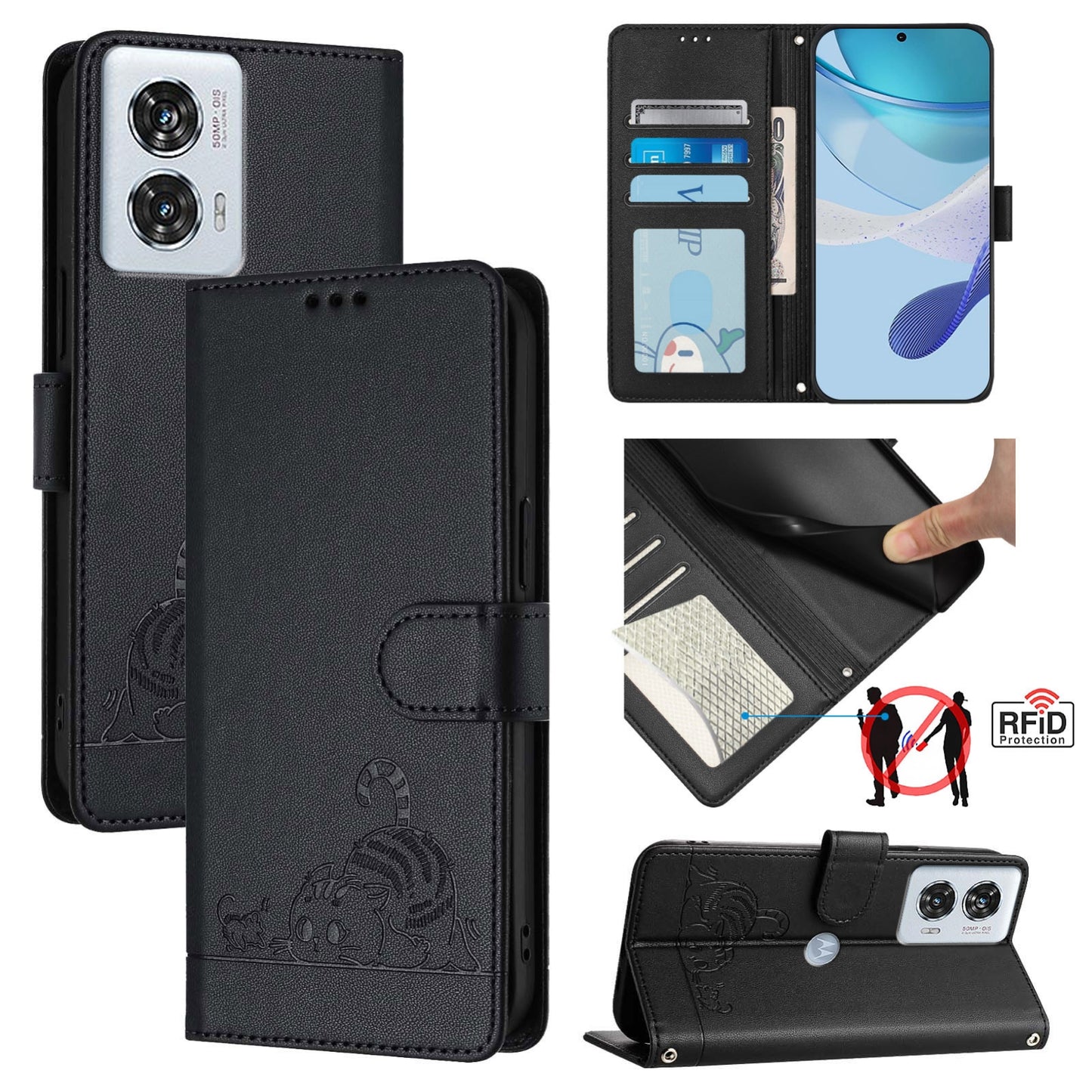 Motorola Edge 50 Fusion Cat & Rat Embossed RFID Leather Case, Lanyard, Wallet, Card Slots, Kickstand, Anti-Fall, Scratch-Resistant