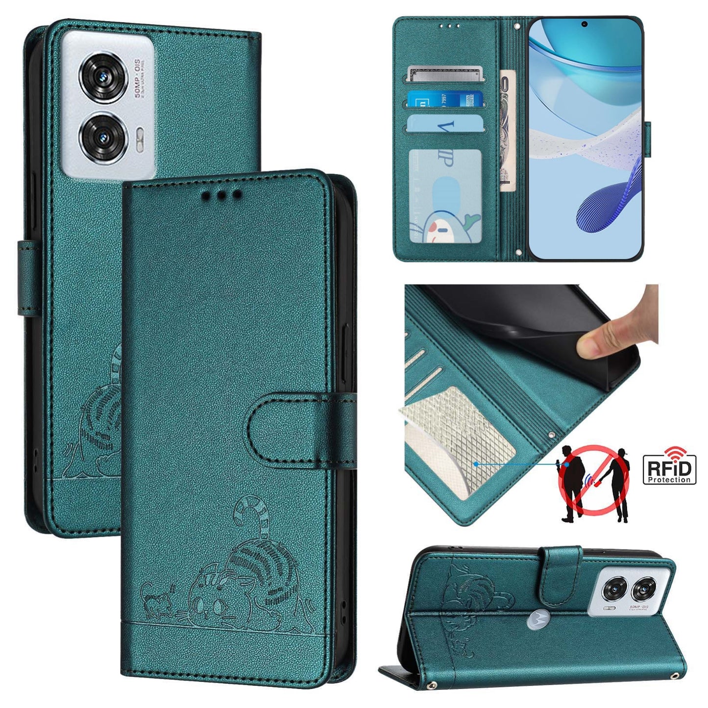 Motorola Edge 50 Fusion Cat & Rat Embossed RFID Leather Case, Lanyard, Wallet, Card Slots, Kickstand, Anti-Fall, Scratch-Resistant