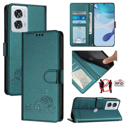 Motorola Edge 50 Fusion Cat & Rat Embossed RFID Leather Case, Lanyard, Wallet, Card Slots, Kickstand, Anti-Fall, Scratch-Resistant