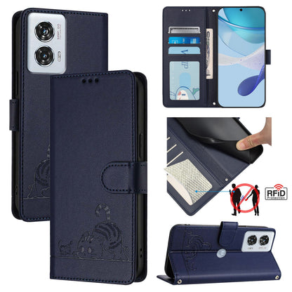 Motorola Edge 50 Fusion Cat & Rat Embossed RFID Leather Case, Lanyard, Wallet, Card Slots, Kickstand, Anti-Fall, Scratch-Resistant