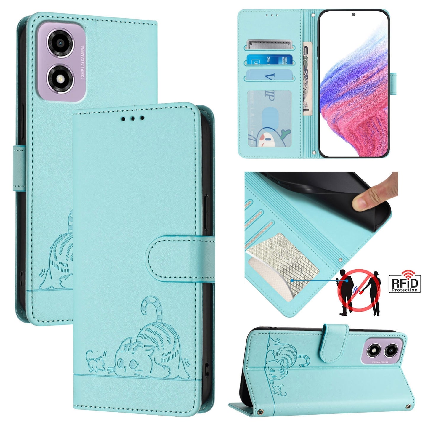 Motorola Moto E14 Cat & Rat Embossed RFID Leather Case, Lanyard, Wallet, Card Slots, Kickstand, Anti-Fall, Scratch-Resistant