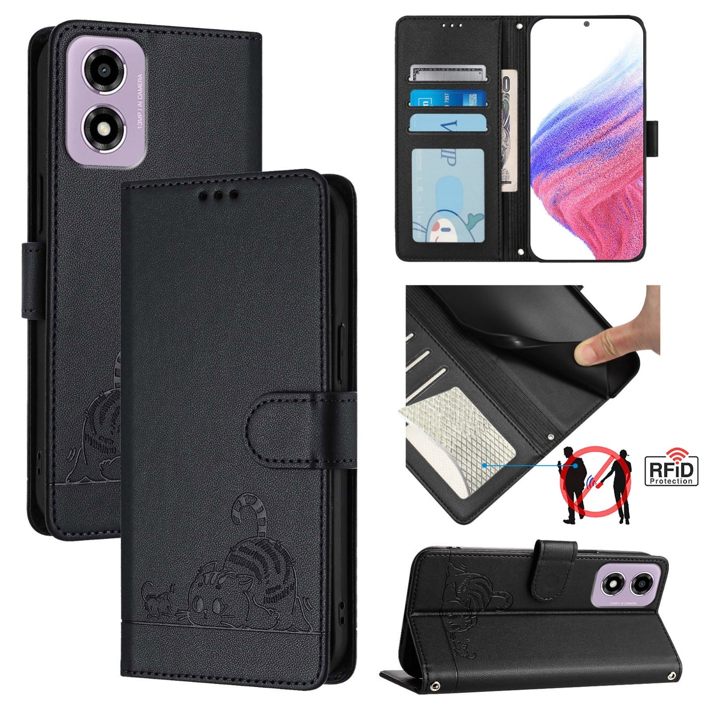 Motorola Moto E14 Cat & Rat Embossed RFID Leather Case, Lanyard, Wallet, Card Slots, Kickstand, Anti-Fall, Scratch-Resistant
