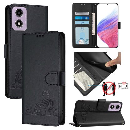 Motorola Moto E14 Cat & Rat Embossed RFID Leather Case, Lanyard, Wallet, Card Slots, Kickstand, Anti-Fall, Scratch-Resistant