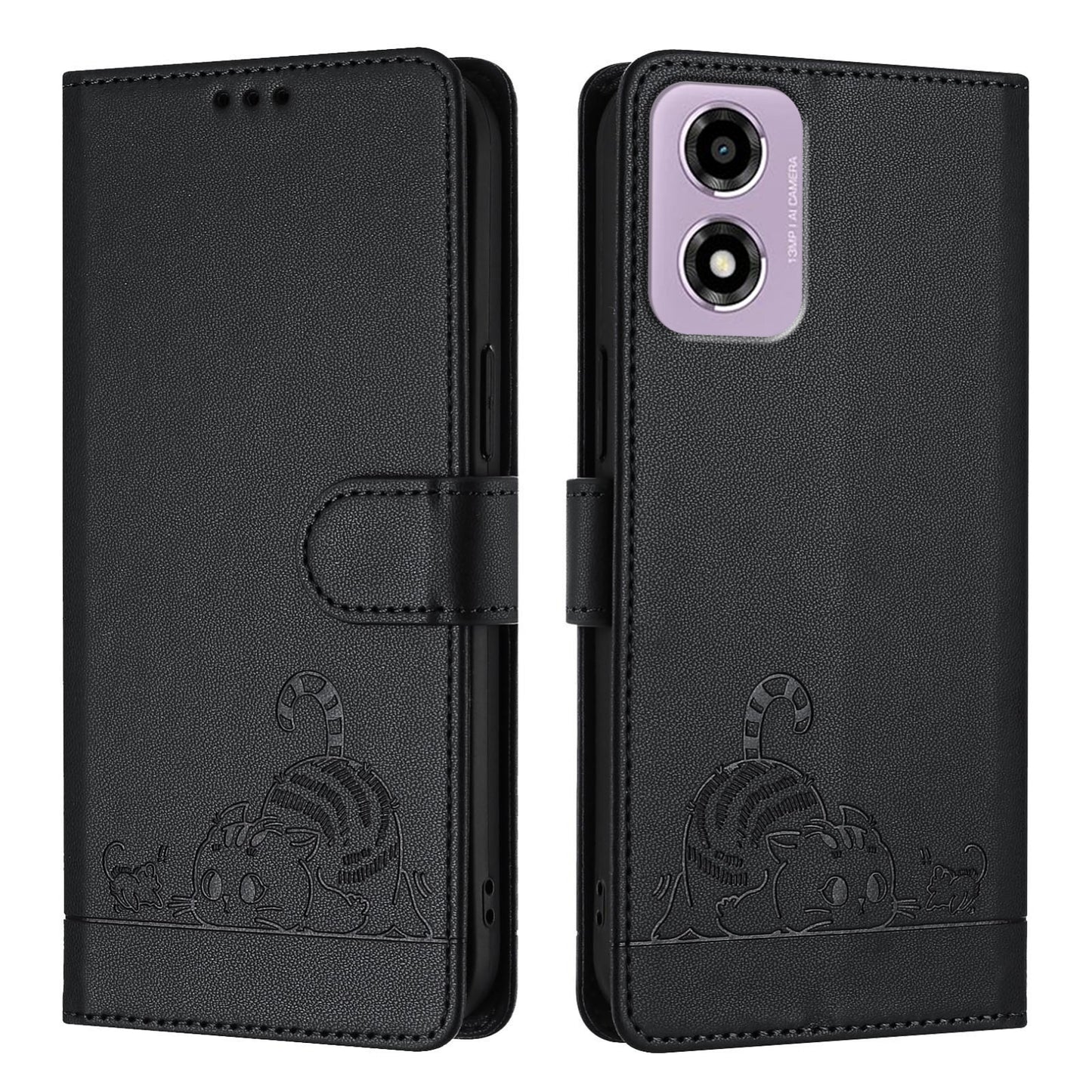 Motorola Moto E14 Cat & Rat Embossed RFID Leather Case, Lanyard, Wallet, Card Slots, Kickstand, Anti-Fall, Scratch-Resistant
