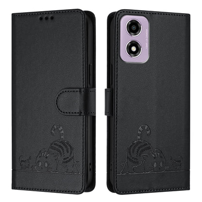 Motorola Moto E14 Cat & Rat Embossed RFID Leather Case, Lanyard, Wallet, Card Slots, Kickstand, Anti-Fall, Scratch-Resistant