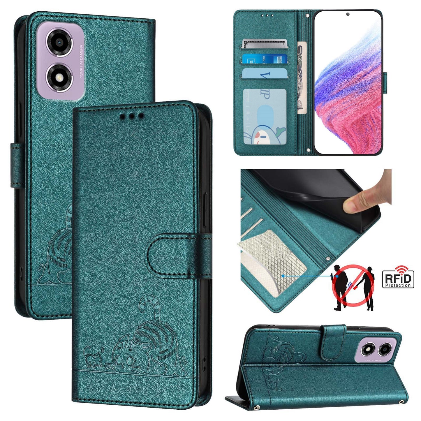 Motorola Moto E14 Cat & Rat Embossed RFID Leather Case, Lanyard, Wallet, Card Slots, Kickstand, Anti-Fall, Scratch-Resistant