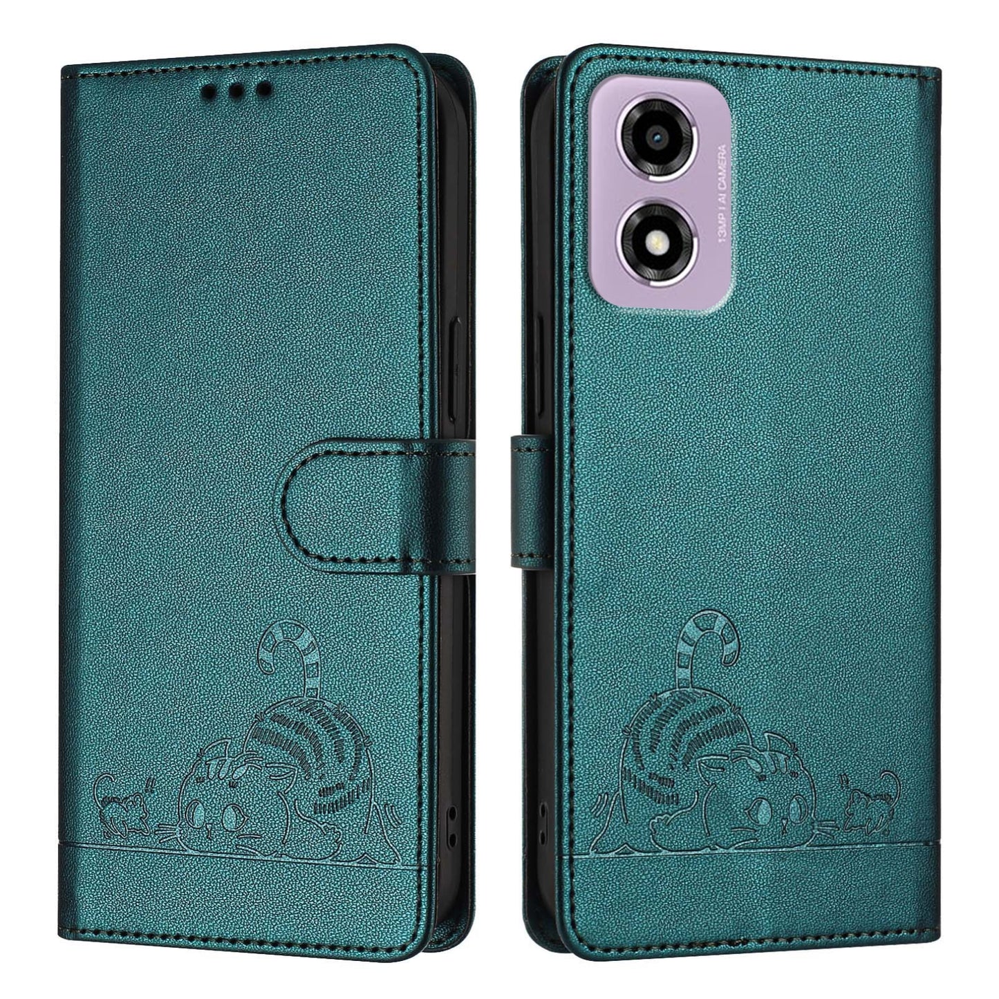 Motorola Moto E14 Cat & Rat Embossed RFID Leather Case, Lanyard, Wallet, Card Slots, Kickstand, Anti-Fall, Scratch-Resistant
