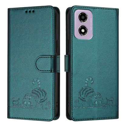 Motorola Moto E14 Cat & Rat Embossed RFID Leather Case, Lanyard, Wallet, Card Slots, Kickstand, Anti-Fall, Scratch-Resistant