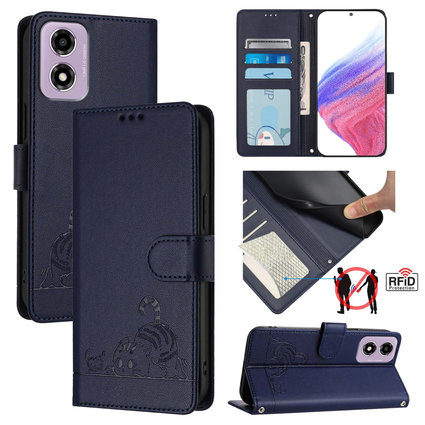 Motorola Moto E14 Cat & Rat Embossed RFID Leather Case, Lanyard, Wallet, Card Slots, Kickstand, Anti-Fall, Scratch-Resistant