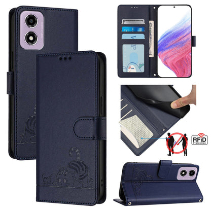 Motorola Moto E14 Cat & Rat Embossed RFID Leather Case, Lanyard, Wallet, Card Slots, Kickstand, Anti-Fall, Scratch-Resistant