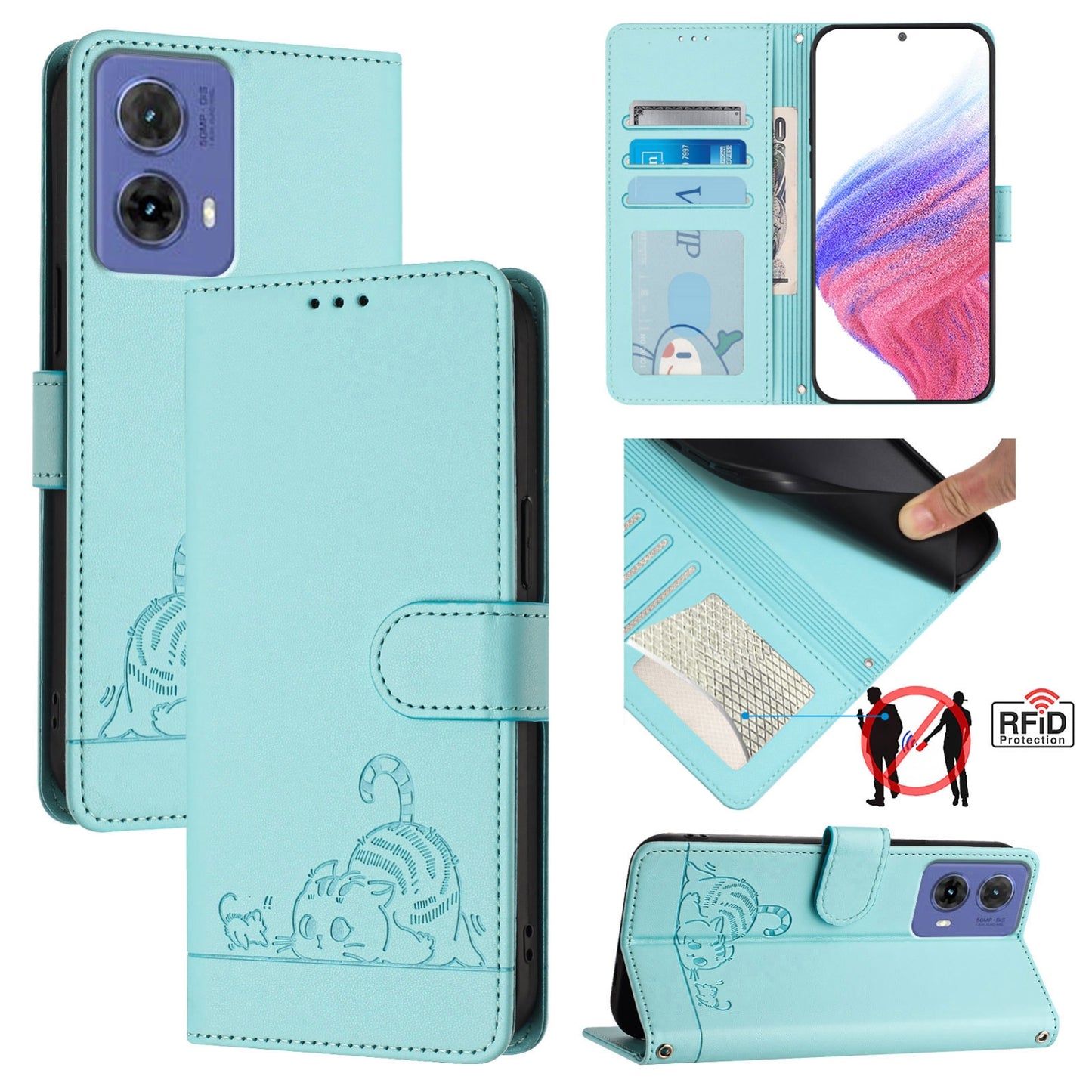 Motorola Moto G85 Cat & Rat Embossed RFID Leather Case, Lanyard, Wallet, Card Slots, Kickstand, Anti-Fall, Scratch-Resistant
