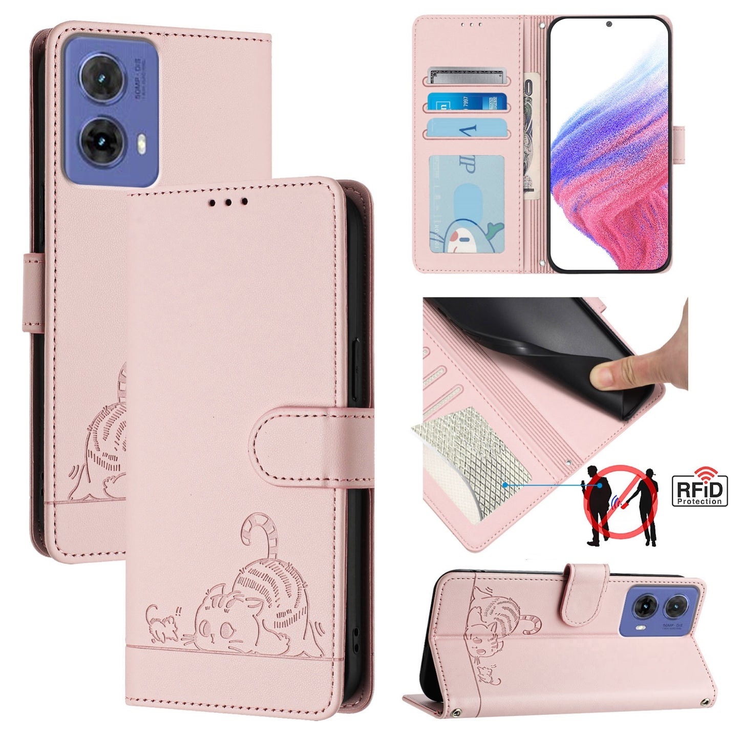 Motorola Moto G85 Cat & Rat Embossed RFID Leather Case, Lanyard, Wallet, Card Slots, Kickstand, Anti-Fall, Scratch-Resistant