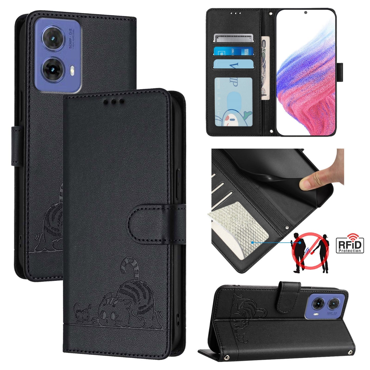 Motorola Moto G85 Cat & Rat Embossed RFID Leather Case, Lanyard, Wallet, Card Slots, Kickstand, Anti-Fall, Scratch-Resistant