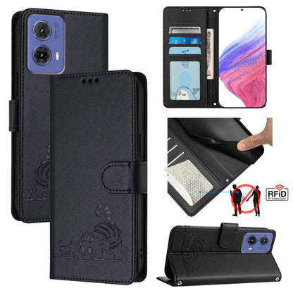 Motorola Moto G85 Cat & Rat Embossed RFID Leather Case, Lanyard, Wallet, Card Slots, Kickstand, Anti-Fall, Scratch-Resistant