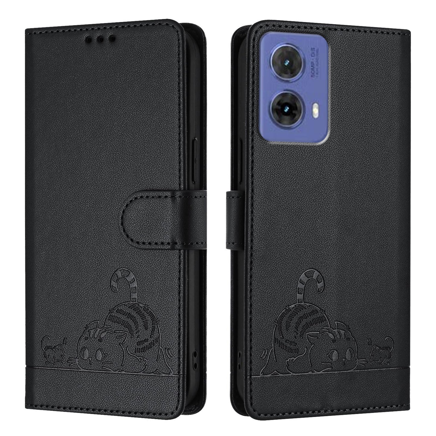 Motorola Moto G85 Cat & Rat Embossed RFID Leather Case, Lanyard, Wallet, Card Slots, Kickstand, Anti-Fall, Scratch-Resistant