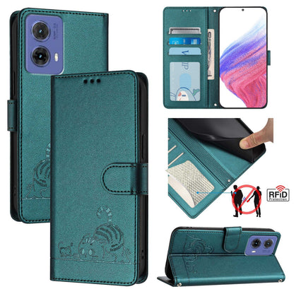 Motorola Moto G85 Cat & Rat Embossed RFID Leather Case, Lanyard, Wallet, Card Slots, Kickstand, Anti-Fall, Scratch-Resistant