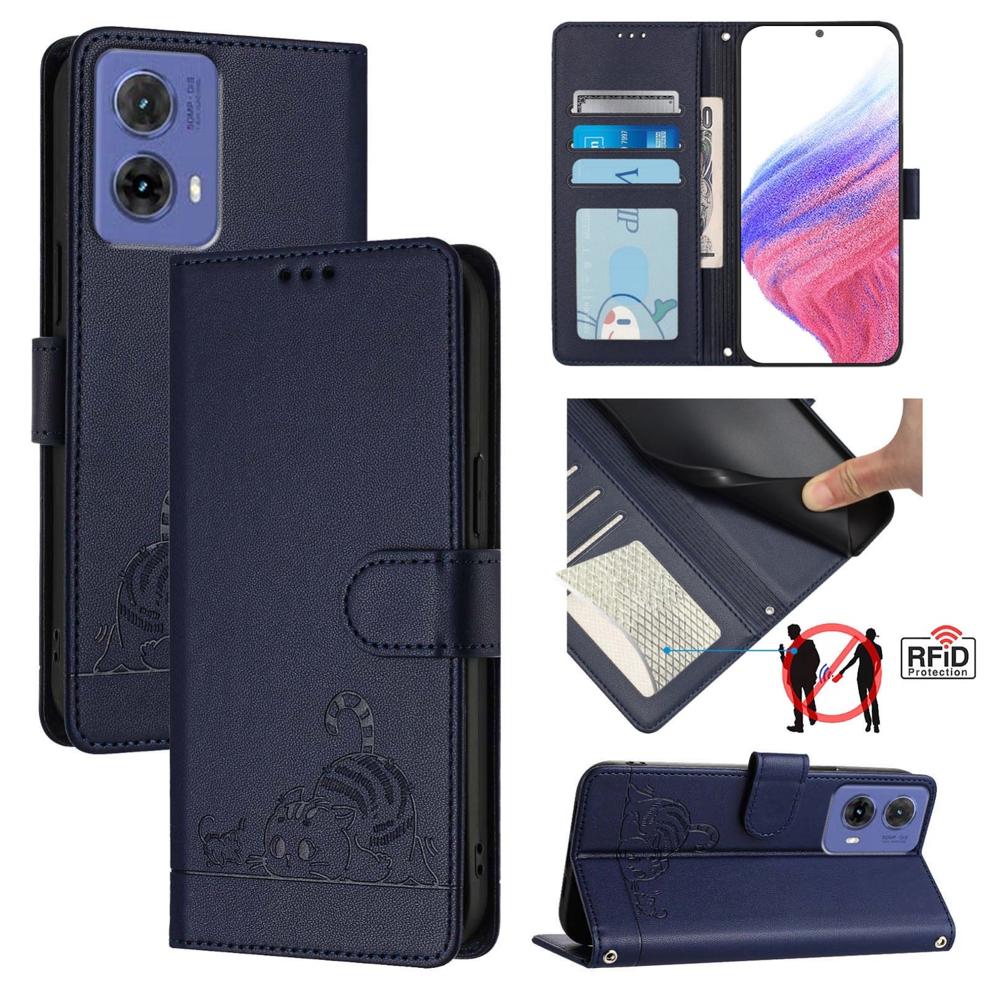 Motorola Moto G85 Cat & Rat Embossed RFID Leather Case, Lanyard, Wallet, Card Slots, Kickstand, Anti-Fall, Scratch-Resistant