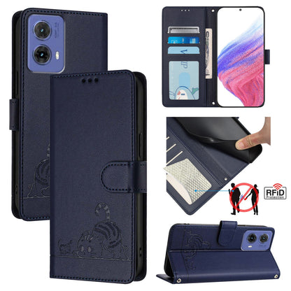 Motorola Moto G85 Cat & Rat Embossed RFID Leather Case, Lanyard, Wallet, Card Slots, Kickstand, Anti-Fall, Scratch-Resistant