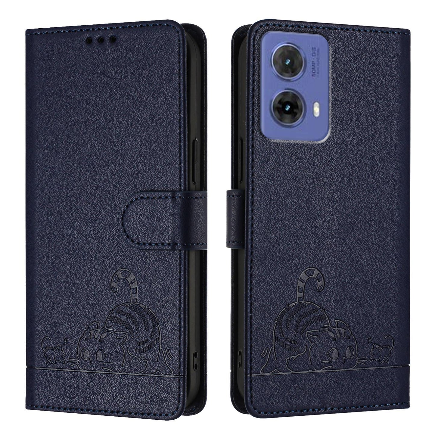 Motorola Moto G85 Cat & Rat Embossed RFID Leather Case, Lanyard, Wallet, Card Slots, Kickstand, Anti-Fall, Scratch-Resistant
