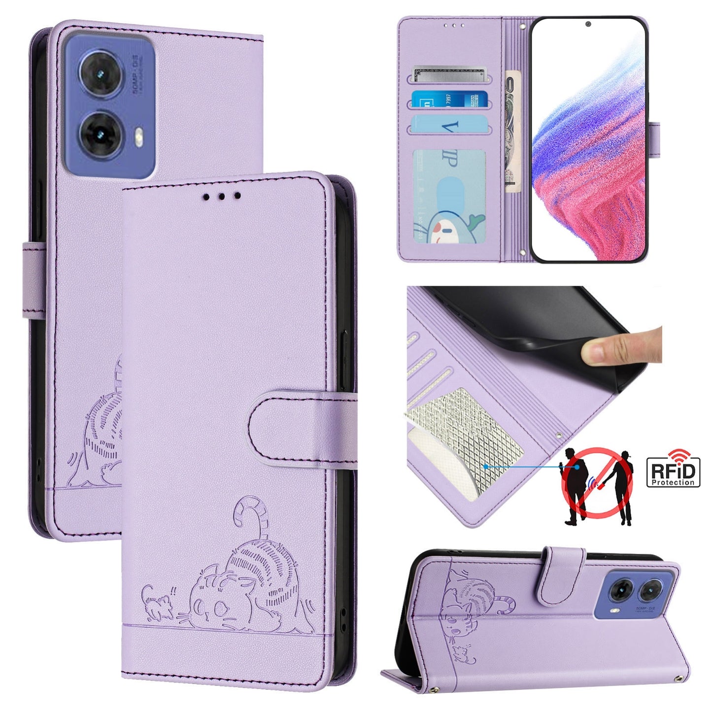 Motorola Moto G85 Cat & Rat Embossed RFID Leather Case, Lanyard, Wallet, Card Slots, Kickstand, Anti-Fall, Scratch-Resistant