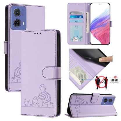 Motorola Moto G85 Cat & Rat Embossed RFID Leather Case, Lanyard, Wallet, Card Slots, Kickstand, Anti-Fall, Scratch-Resistant
