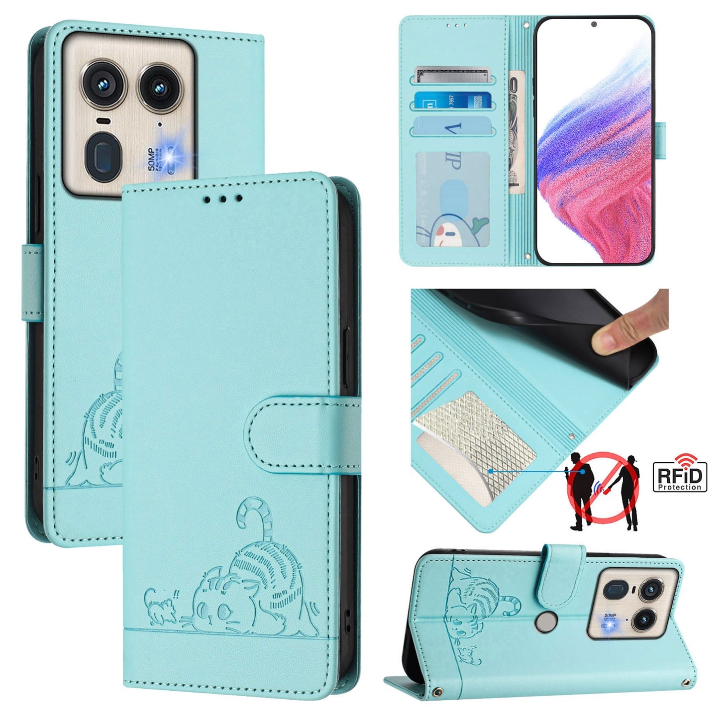 Motorola Edge 5G Global Cat & Rat Embossed RFID Leather Case, Lanyard, Wallet, Card Slots, Kickstand, Anti-Fall, Scratch-Resistant