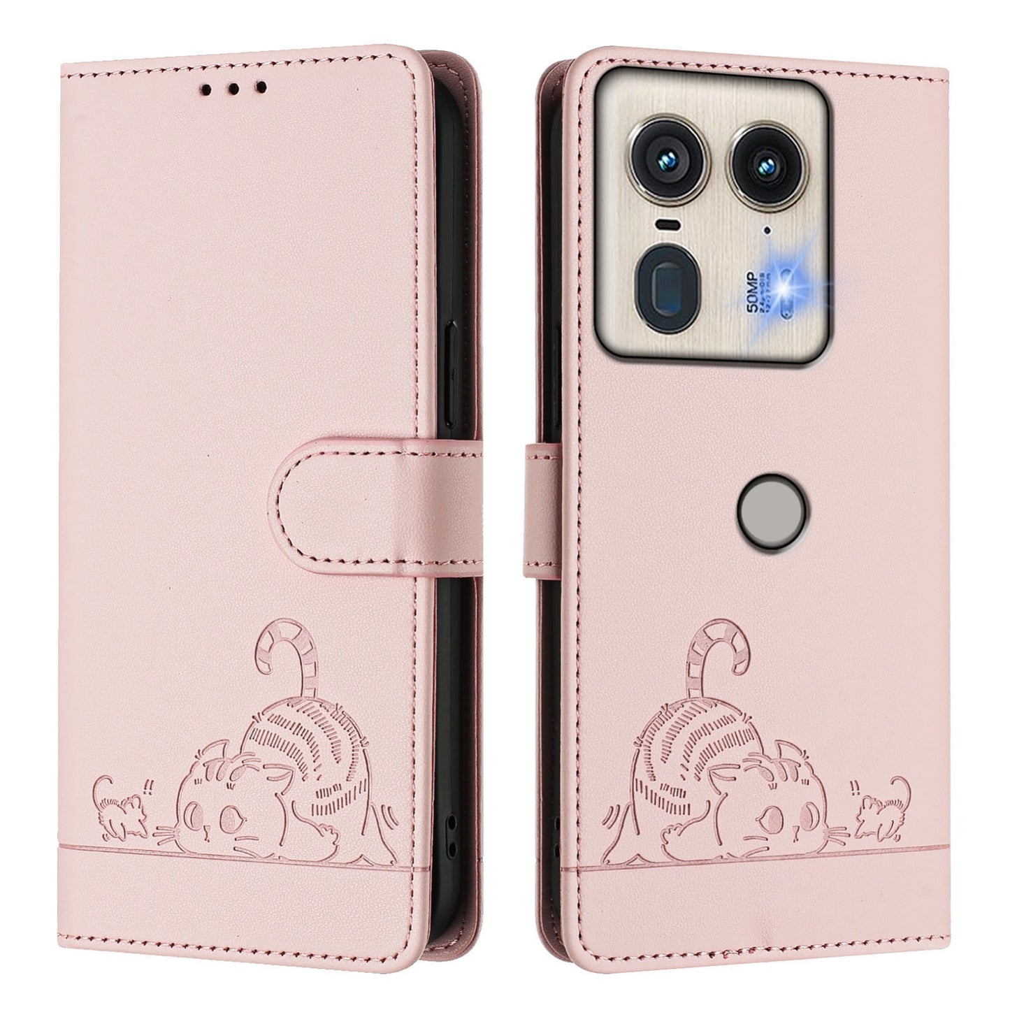 Motorola Edge 5G Global Cat & Rat Embossed RFID Leather Case, Lanyard, Wallet, Card Slots, Kickstand, Anti-Fall, Scratch-Resistant