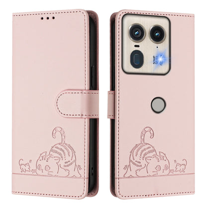 Motorola Edge 5G Global Cat & Rat Embossed RFID Leather Case, Lanyard, Wallet, Card Slots, Kickstand, Anti-Fall, Scratch-Resistant