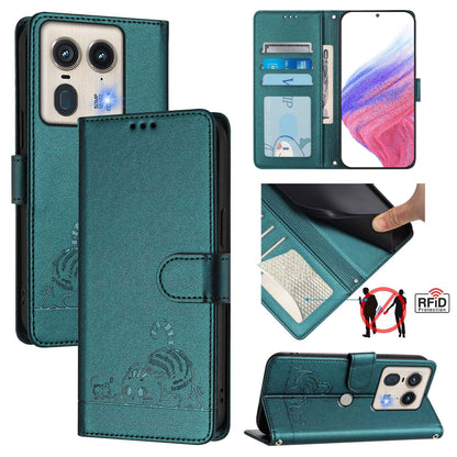 Motorola Edge 5G Global Cat & Rat Embossed RFID Leather Case, Lanyard, Wallet, Card Slots, Kickstand, Anti-Fall, Scratch-Resistant