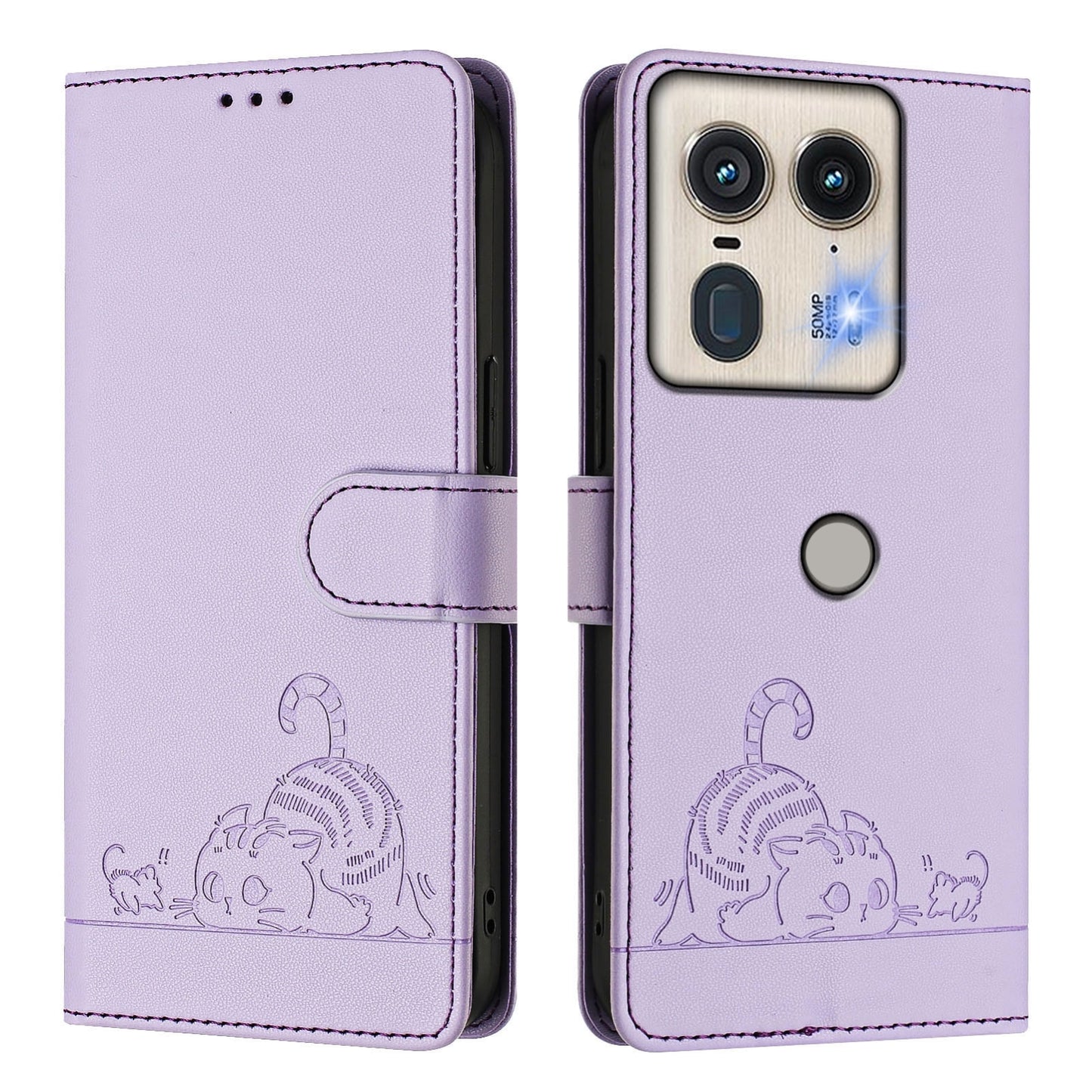 Motorola Edge 5G Global Cat & Rat Embossed RFID Leather Case, Lanyard, Wallet, Card Slots, Kickstand, Anti-Fall, Scratch-Resistant