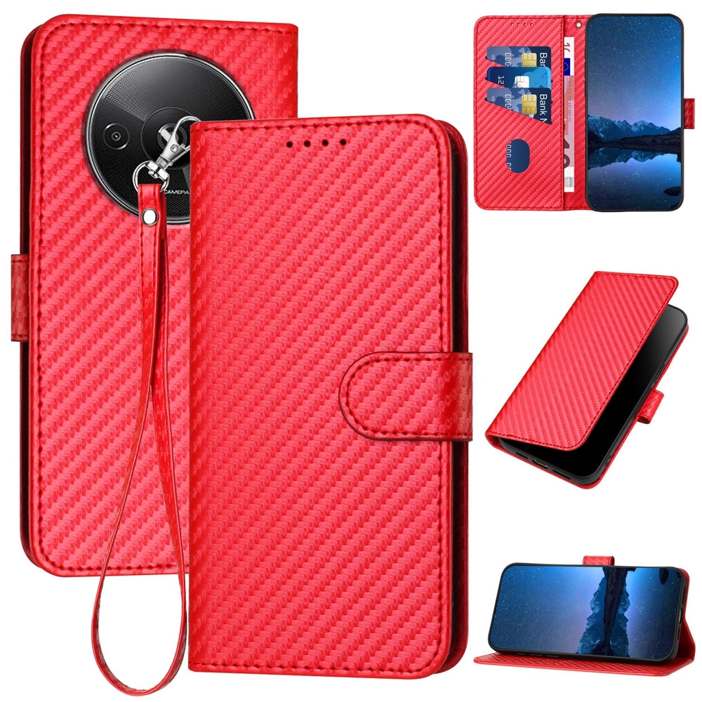 Xiaomi Redmi A3 Carbon Fiber Buckle Leather Phone Case with Lanyard, PU Leather TPU Wallet Cover with Card Slot, Cash Compartment, Stand Function & Scratch Protection