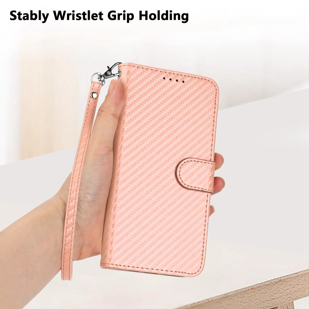 Xiaomi Redmi A3 Carbon Fiber Buckle Leather Phone Case with Lanyard, PU Leather TPU Wallet Cover with Card Slot, Cash Compartment, Stand Function & Scratch Protection