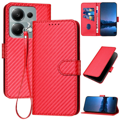 Xiaomi Redmi Note 13 Pro 4G Carbon Fiber Buckle Leather Phone Case with Lanyard, PU Leather TPU Wallet Cover with Card Slot, Cash Compartment, Stand Function & Scratch Protection