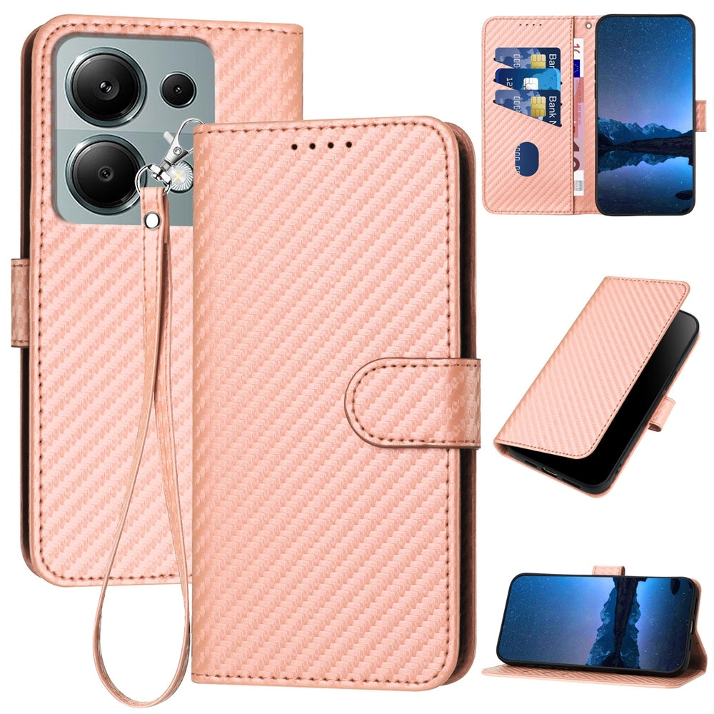 Xiaomi Redmi Note 13 Pro 4G Carbon Fiber Buckle Leather Phone Case with Lanyard, PU Leather TPU Wallet Cover with Card Slot, Cash Compartment, Stand Function & Scratch Protection