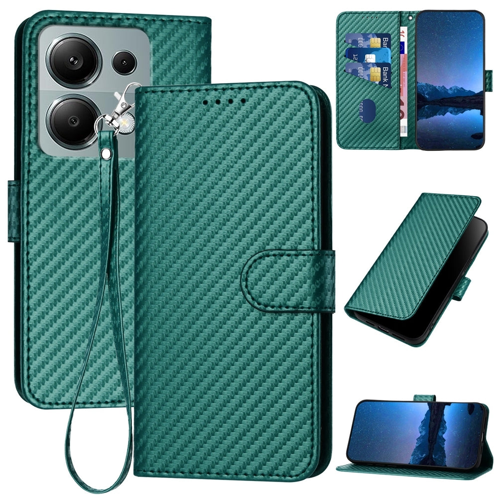 Xiaomi Redmi Note 13 Pro 4G Carbon Fiber Buckle Leather Phone Case with Lanyard, PU Leather TPU Wallet Cover with Card Slot, Cash Compartment, Stand Function & Scratch Protection