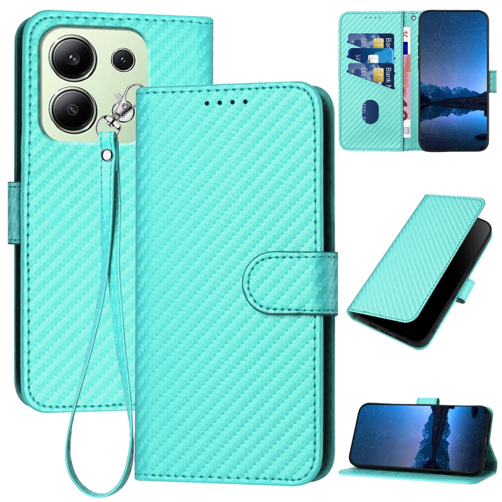 Xiaomi Redmi Note 13 4G Carbon Fiber Buckle Leather Phone Case with Lanyard, PU Leather TPU Wallet Cover with Card Slot, Cash Compartment, Stand Function & Scratch Protection