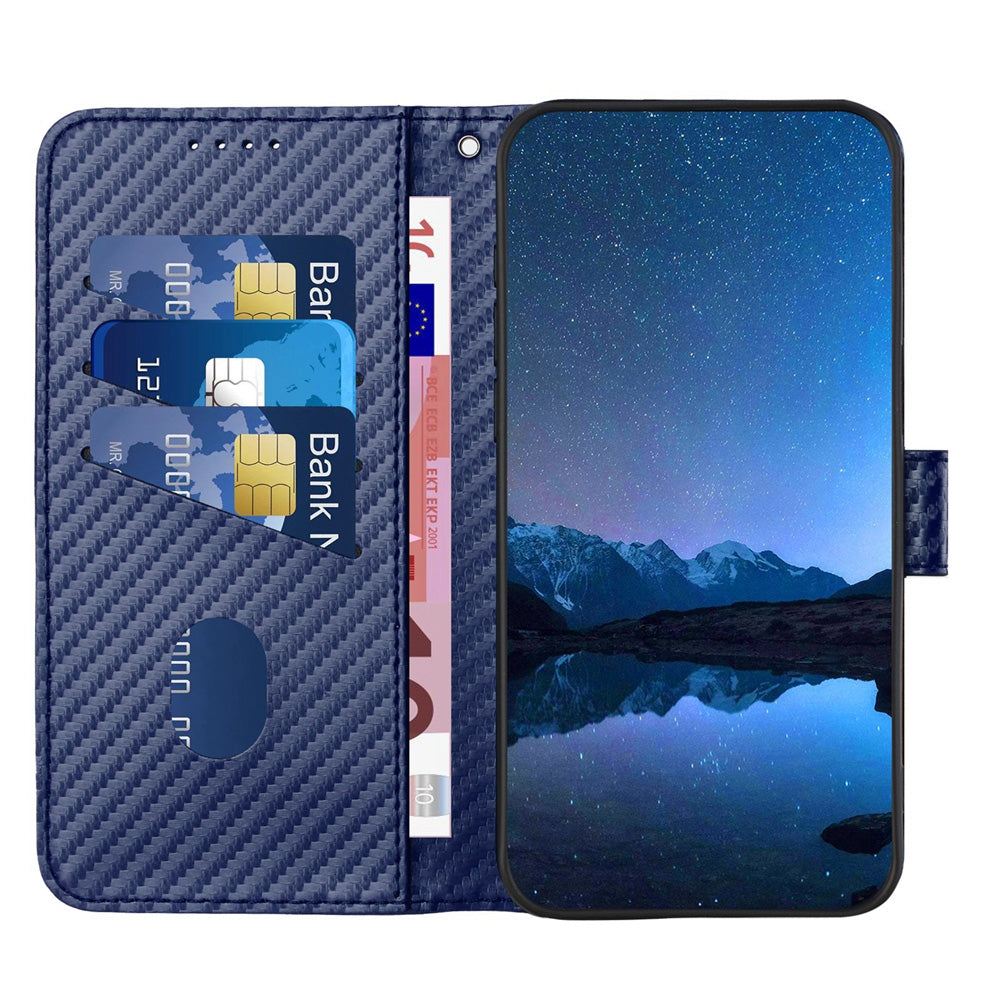 Xiaomi Redmi Note 13 4G Carbon Fiber Buckle Leather Phone Case with Lanyard, PU Leather TPU Wallet Cover with Card Slot, Cash Compartment, Stand Function & Scratch Protection