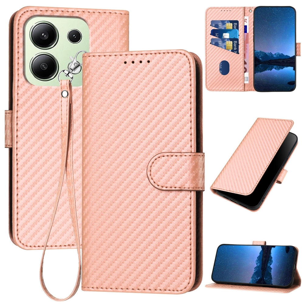 Xiaomi Redmi Note 13 4G Carbon Fiber Buckle Leather Phone Case with Lanyard, PU Leather TPU Wallet Cover with Card Slot, Cash Compartment, Stand Function & Scratch Protection