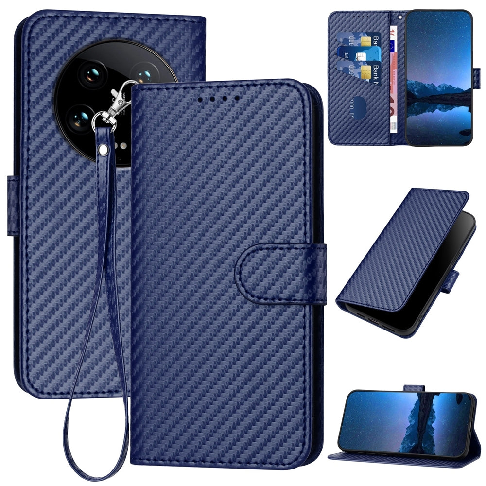 Xiaomi 14 Ultra Carbon Fiber Buckle Leather Phone Case with Lanyard, PU Leather TPU Wallet Cover with Card Slot, Cash Compartment, Stand Function & Scratch Protection