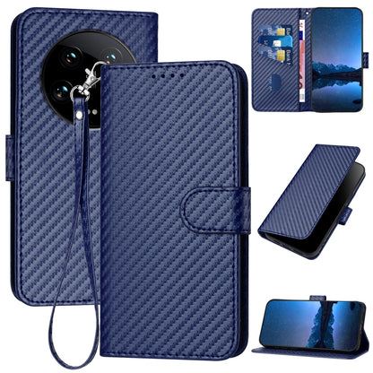 Xiaomi 14 Ultra Carbon Fiber Buckle Leather Phone Case with Lanyard, PU Leather TPU Wallet Cover with Card Slot, Cash Compartment, Stand Function & Scratch Protection