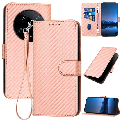 Xiaomi 14 Ultra Carbon Fiber Buckle Leather Phone Case with Lanyard, PU Leather TPU Wallet Cover with Card Slot, Cash Compartment, Stand Function & Scratch Protection