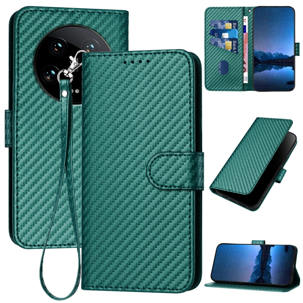 Xiaomi 14 Ultra Carbon Fiber Buckle Leather Phone Case with Lanyard, PU Leather TPU Wallet Cover with Card Slot, Cash Compartment, Stand Function & Scratch Protection