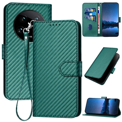 Xiaomi 14 Ultra Carbon Fiber Buckle Leather Phone Case with Lanyard, PU Leather TPU Wallet Cover with Card Slot, Cash Compartment, Stand Function & Scratch Protection
