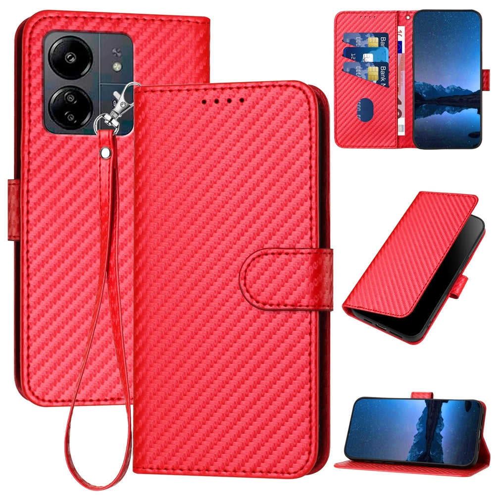 Xiaomi Redmi 13C 4G Carbon Fiber Buckle Leather Phone Case with Lanyard, PU Leather TPU Wallet Cover with Card Slot, Cash Compartment, Stand Function & Scratch Protection