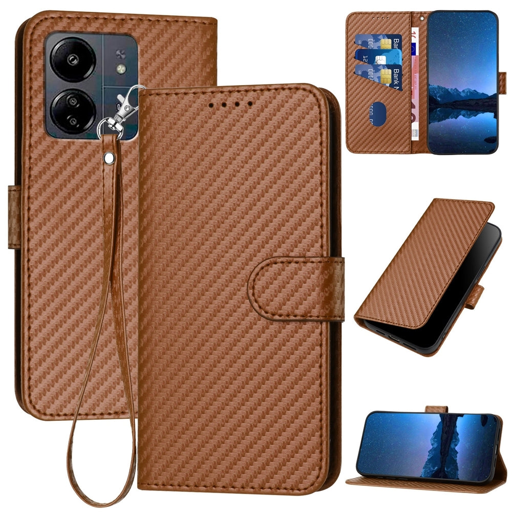 Xiaomi Poco C65 Carbon Fiber Buckle Leather Phone Case with Lanyard, PU Leather TPU Wallet Cover with Card Slot, Cash Compartment, Stand Function & Scratch Protection