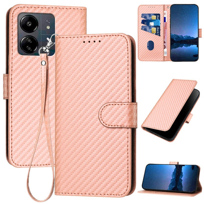 Xiaomi Poco C65 Carbon Fiber Buckle Leather Phone Case with Lanyard, PU Leather TPU Wallet Cover with Card Slot, Cash Compartment, Stand Function & Scratch Protection