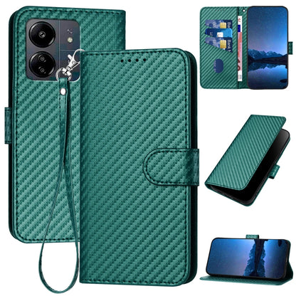 Xiaomi Poco C65 Carbon Fiber Buckle Leather Phone Case with Lanyard, PU Leather TPU Wallet Cover with Card Slot, Cash Compartment, Stand Function & Scratch Protection