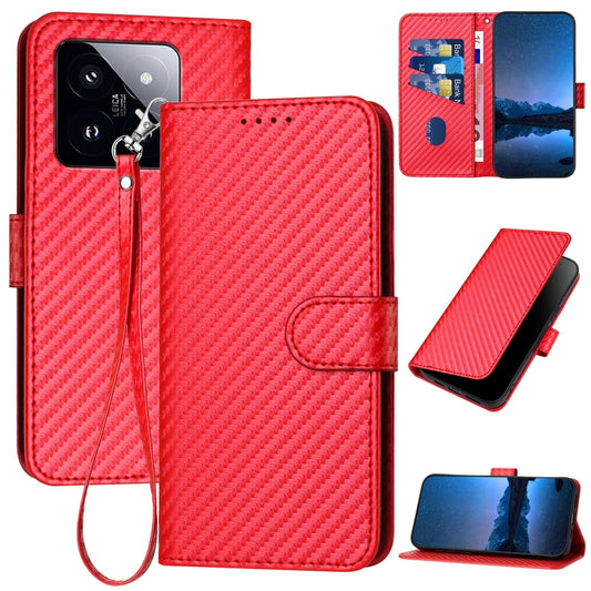 Xiaomi 14 Pro Carbon Fiber Buckle Leather Phone Case with Lanyard, PU Leather TPU Wallet Cover with Card Slot, Cash Compartment, Stand Function & Scratch Protection